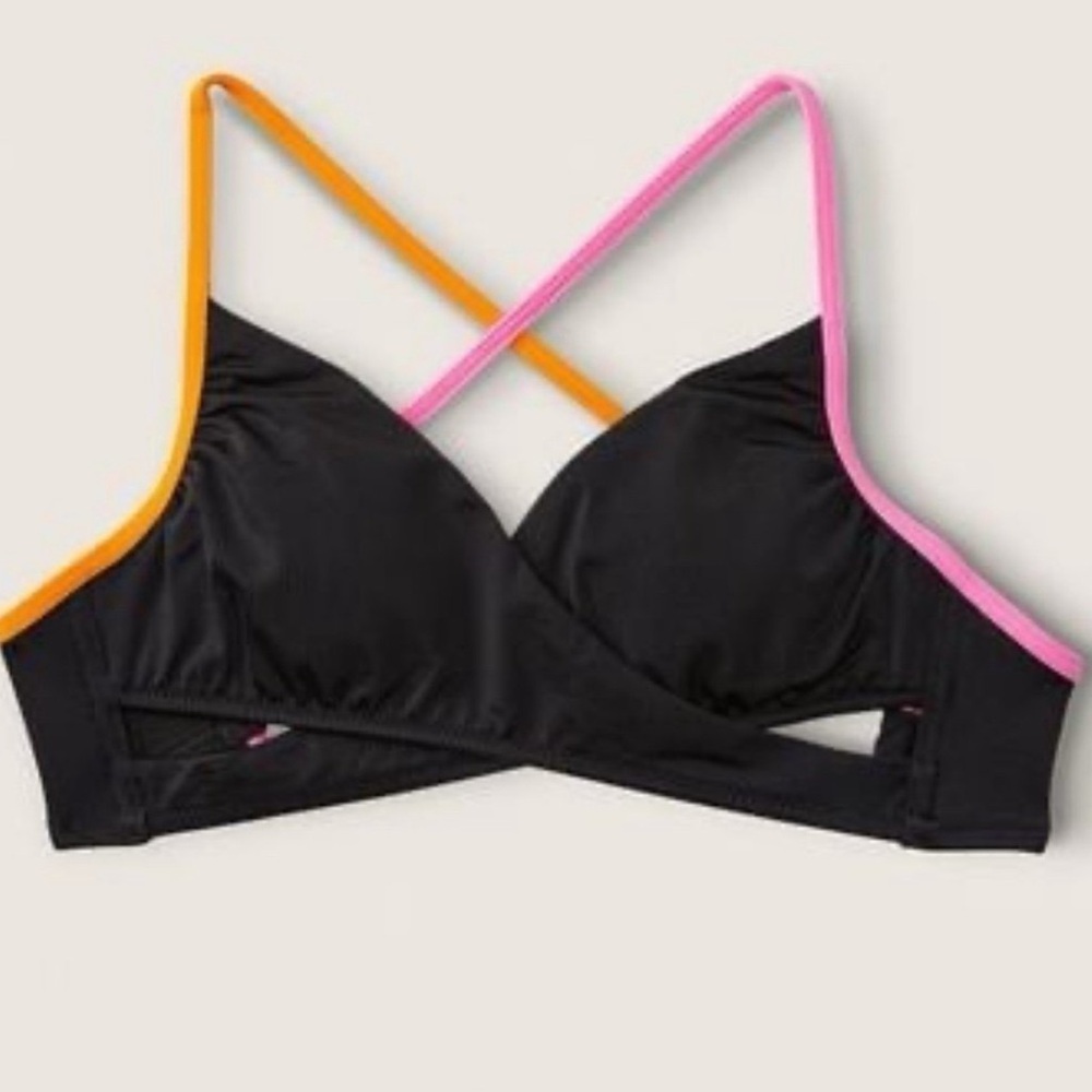Victoria’s Secret Black Bikini Top with Pink & Orange Trim Size XS NWOT
